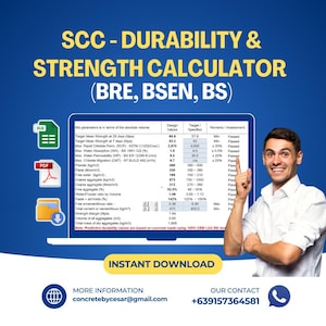 May include: A digital SCC Durability & Strength Calculator for BRE, BSEN, and BS standards. The graphic displays a spreadsheet with mix parameters, target values, and assessment results. Icons for XLS, PDF, and download files are visible.