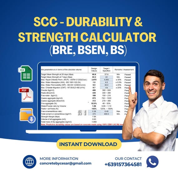 SCC Durability Strength Calculator Excel | Self-Consolidating Concrete Mix Design Spreadsheet (BRE, BSEN, bs)
