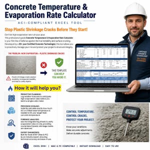 May include: A digital Concrete Temperature & Evaporation Rate Calculator Excel tool displayed on a laptop screen, featuring data tables and charts. The image includes text about preventing plastic shrinkage cracks and a digital thermometer reading 24.1°C.