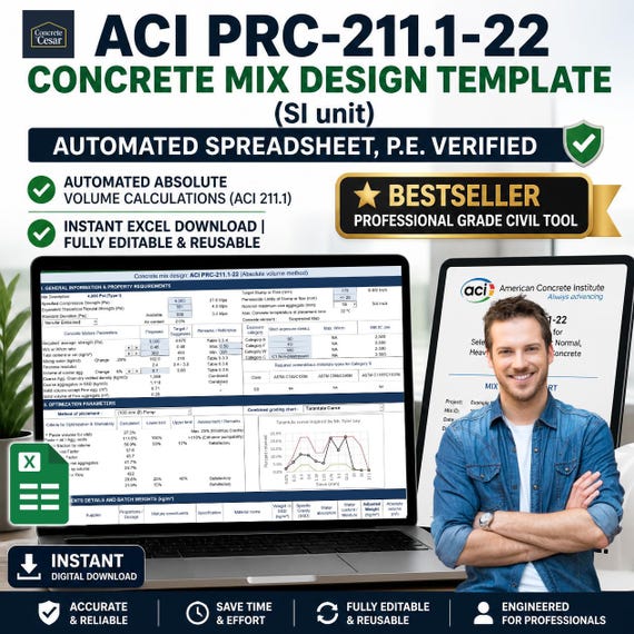 ACI PRC-211.1-22 Concrete Mix Design Template (SI unit), Automated Spreadsheet, P.E. Verified