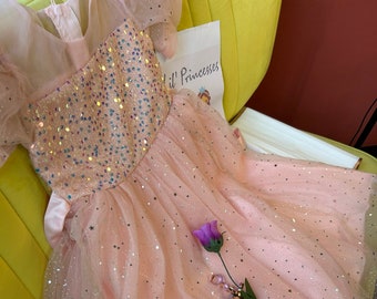 Déguisement princesse Elsa rose pour fille, robe pour cosplay d'Elsa, anniversaire d'Elsa rose et déguisement pour fille, cadeau pour fille robe à fleurs