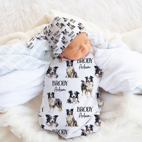 Personalized Border Collie swaddle set, Dog baby blanket, Newborn gift for dog lover, Newborn hospital swaddle, Dogs swaddle - New mom gift