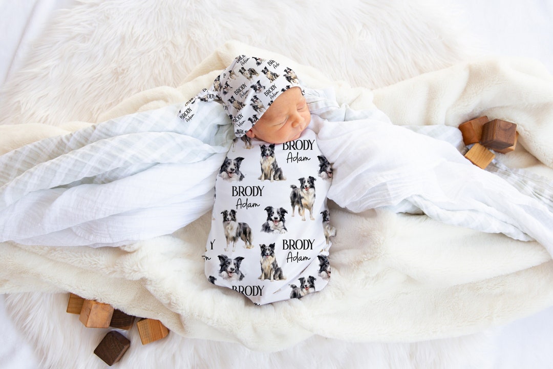 Personalized Border Collie Swaddle Set, Dog Baby Blanket, Newborn Gift