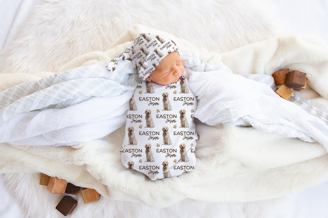 Custom Dog Swaddle Set, Personalized Dog Photo Baby Blanket, Newborn