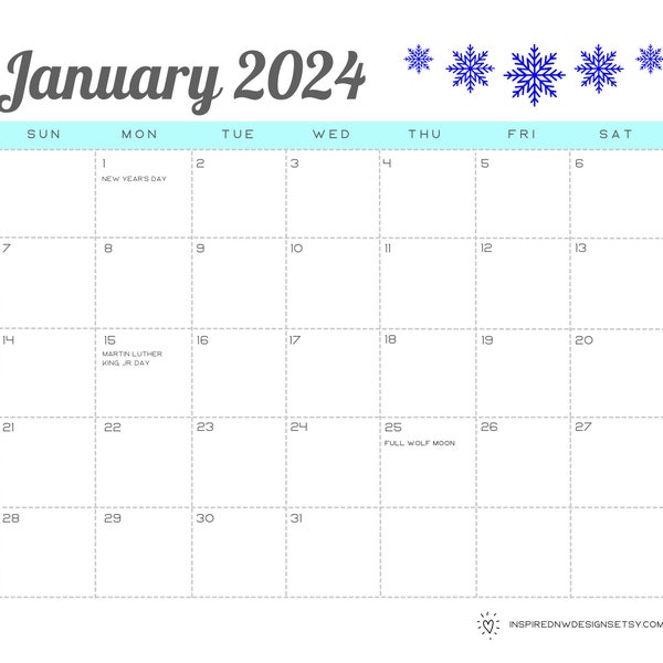 Printable 2024 Calendar featuring Seasonal Decorations, Full Moons, and Federal US Holidays