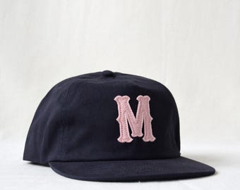 brushed cotton snapback hat with custom wool felt lettering