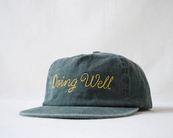 washed cotton field trip hat with custom bean-stitch wool-thread embroidery