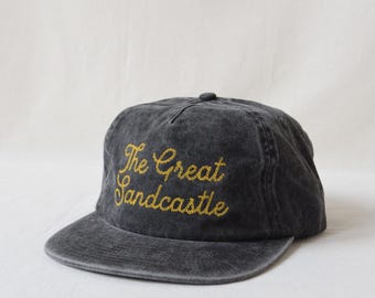 washed cotton field trip hat with custom chainstitch matte embroidery