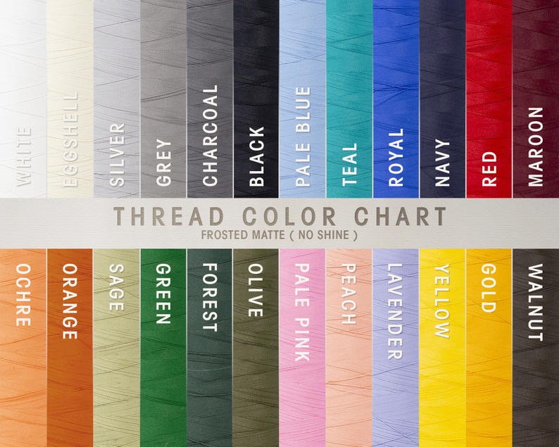 Puede incluir: Una carta de colores de hilo con una variedad de colores, incluyendo blanco, negro, rojo y dorado. La carta muestra los colores en columnas verticales con los nombres de los colores en texto blanco. El texto "THREAD COLOR CHART" tambi&eacute;n es visible.