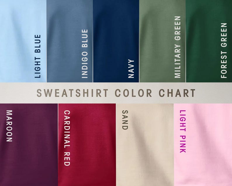 Puede incluir: Una carta de colores para sudaderas muestra muestras de varios colores, incluyendo azul claro, azul &iacute;ndigo, marino, verde militar y verde bosque. Colores adicionales son granate, rojo cardenal, arena y rosa claro. El texto "SWEATSHIRT COLOR CHART" est&aacute; centrado.