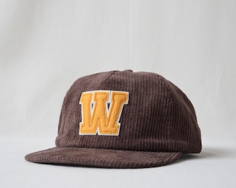 corduroy field trip hat with custom two-layered wool felt lettering