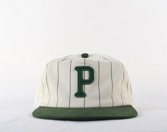 pinstripe field trip hat with custom wool patch lettering