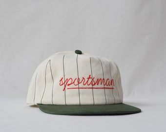 pinstripe field trip hat with custom bean-stitch wool-thread embroidery