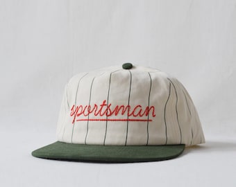 pinstripe field trip hat with custom bean-stitch wool-thread embroidery