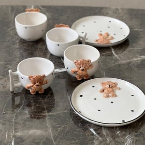 6-Piece Handmade Teddy Bear Ceramic Set - Plates, Mugs & Bowls - Cute Pottery Gift for Teddy Bear Lovers