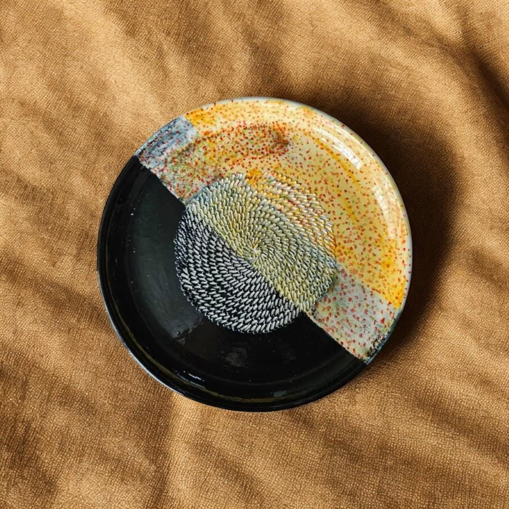 Handmade Grater Ceramic Black And Yellow Plate 8.2 inch  - Perfect for Entertaining and Serving