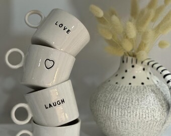 Set of 4 Ceramic Coffee Cups - Love Live Laugh with Heart Design - Inspirational Drinkware Set.Positive message cups Gift for coffee lovers.