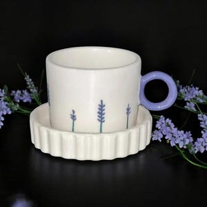 Handmade Lavender Illustrated Round Handled Cup with Saucer - Unique Ceramic Teacup Set