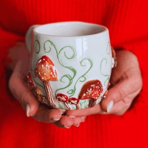 Amanita Mushroom Mug - Handmade Embossed Ceramic Cup - Whimsical Cottagecore Gift - Large Nature Coffee Mug - Fairycore Drinkware