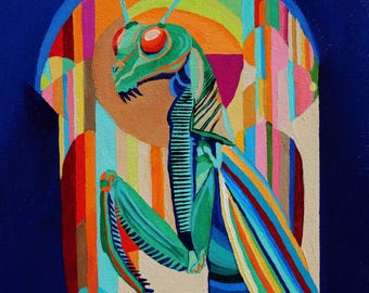 アクリル カマキリの絵画、カマキリのアートワーク、カマキリの絵画