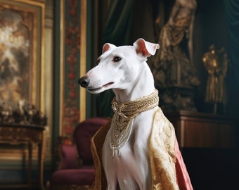 May include: A white dog wearing a gold and pearl necklace and a red and gold cape. The dog is in a regal pose, with a serious expression. The background includes a room with paintings and antique furniture.