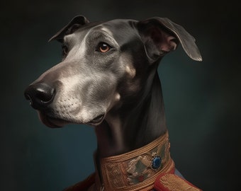 May include: A regal portrait of a greyhound dog wearing a blue military uniform with gold embellishments, red accents, and various medals. The dog has a distinguished expression, with a dark background.