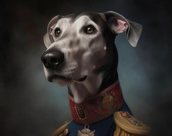 May include: A regal portrait of a dog with a black and white coat, adorned in a blue military-style jacket with gold epaulettes and trim. The dog wears a red and gold collar with ornate medals, exuding an air of authority.