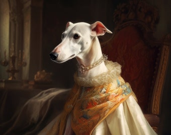 May include: A regal white whippet dog, adorned in a pearl necklace and a decorative shawl with gold, orange, and blue accents, is seated on a red upholstered chair. The dog is wearing a cream-colored gown, reminiscent of a royal portrait.