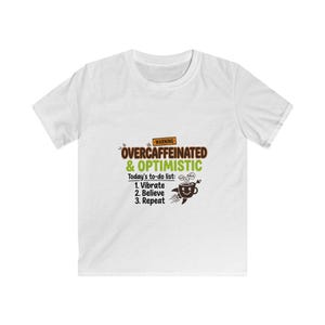 Overcaffeinated & Optimistic Funny T-Shirt | Typography Logo Tee – Gildan Kids Softstyle Tee
