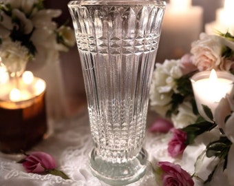 Art Deco Clear Pressed Cut Glass Vase - Vintage Bouquet Flower Holder