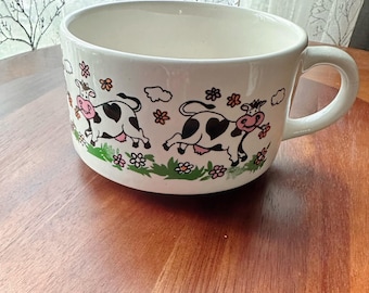 Adorable Cow in Field of Flowers Soup Mug/Cereal Bowl/Latte Bowl - Cartoon Cows