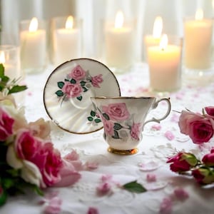 Royal Castle Fine Bone China Teacup and Saucer - Pink Roses, Gold Trim, #622