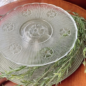 Italian Vintage Glass Footed Cake Stand - 12 Clear Glass with Apple Blossom Pattern and Scalloped Edges