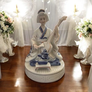 1970s Geisha Rotating Figurine - Glazed Ceramic, Gold & Blue Accents, Revolving Japanese Decor