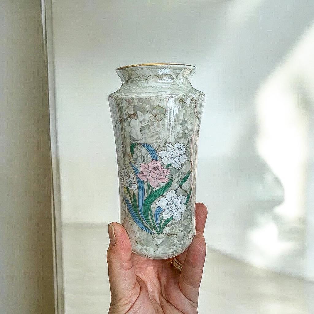 Vintage Daffodils Vase, Grey Marbleized Luster, 6 Tall Fine China, Made in Japan