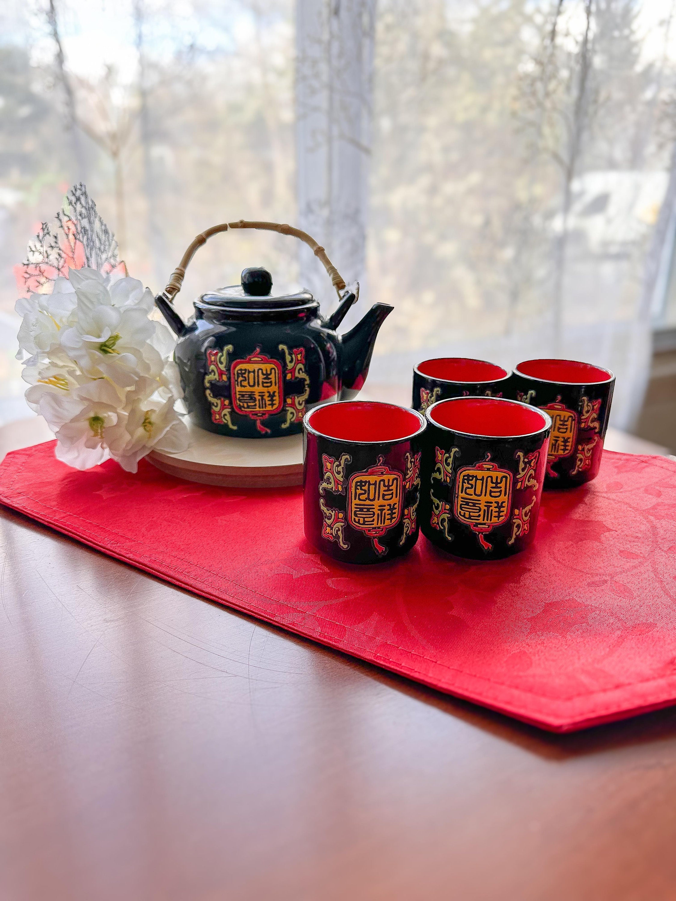 Vintage Japanese Tea Set Teapot & 4 Mugs Bamboo Handle, Shiny Black