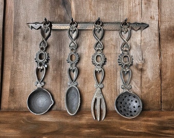 Vintage Cast Iron Kitchen Wall Decor - Rustic Fork Spoon Ladle Strainer - Retro Dinning Room Wall Hanging - Cutlery Wall Rack