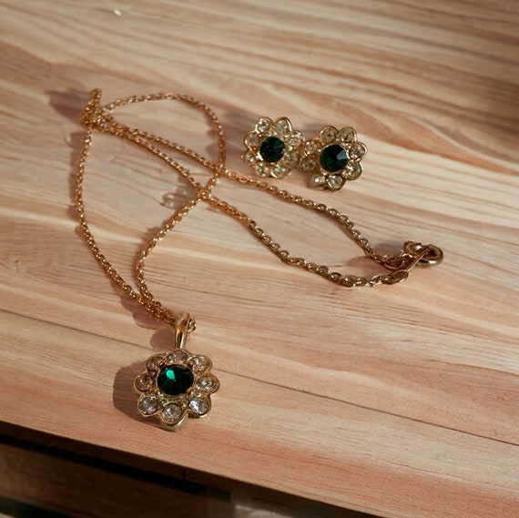 Gold Plated Green Emerald Stone & Cubic Zirconia … - image 3