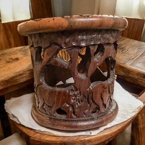 Vintage Hand-Carved Wood Coaster Case Art with African Wild Animals - Jungle Décor