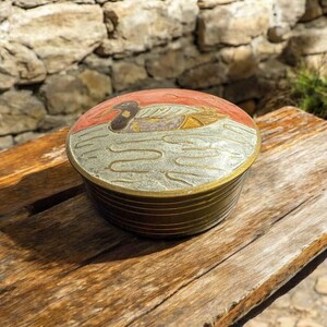 Vintage Brass Duck Trinket Jewelry Box, Round Catch-All with Enamel & Brass