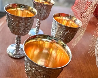 Vintage Collectible Silver Plated Gold Wine Goblets - Ornate Grape Repousse Cordial Set - Set of 4 Japan Wine Goblets - Tarnish Resistant