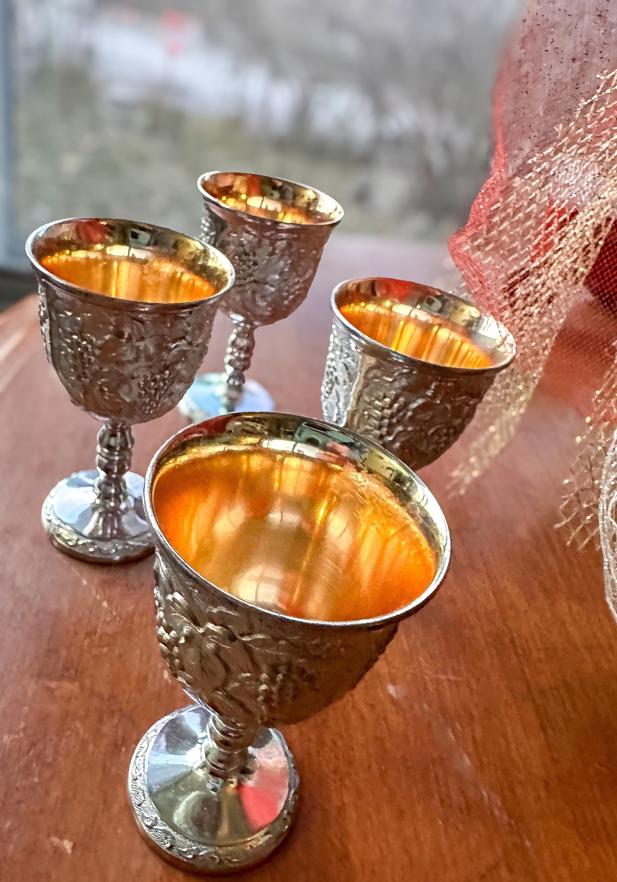 2 Vintage Brass Wine Goblets w/Silver Interior Lining 6 Tall Made In India