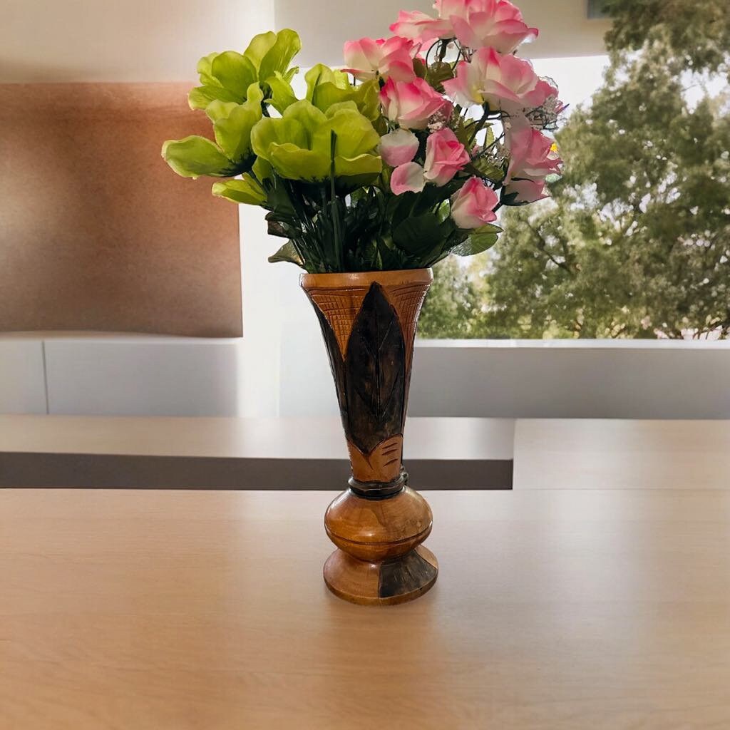 ヴィンテージ 木製 華やかな￼手彫り 鳥＆葉デザイン 花瓶 インサート