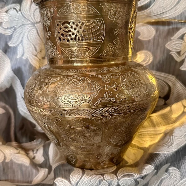 Middle Eastern Moorish Brass Vase with Engraved Arabic Calligraphy - Decorative Art Collectible