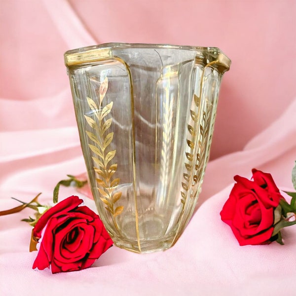 1960s Clear Tall Glass Vase with Gold Painted Motif - Stunning Vintage Decor Piece
