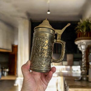 Vintage Glass Beer Stein, Plastic Hinged Lid, Ein Prosit der Gemutlichkeit, German Beer Mug, Retro Drinking Glass, Collectible Stein