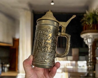 ドイツバイエルン紋章のビールジョッキ ヴィンテージ ドイツ バイエルン国章 ガラス製ビールジョッキ 蓋付き