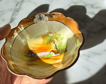 Cuenco antiguo de porcelana Noritake: escena campestre pintada a mano, circa 1910