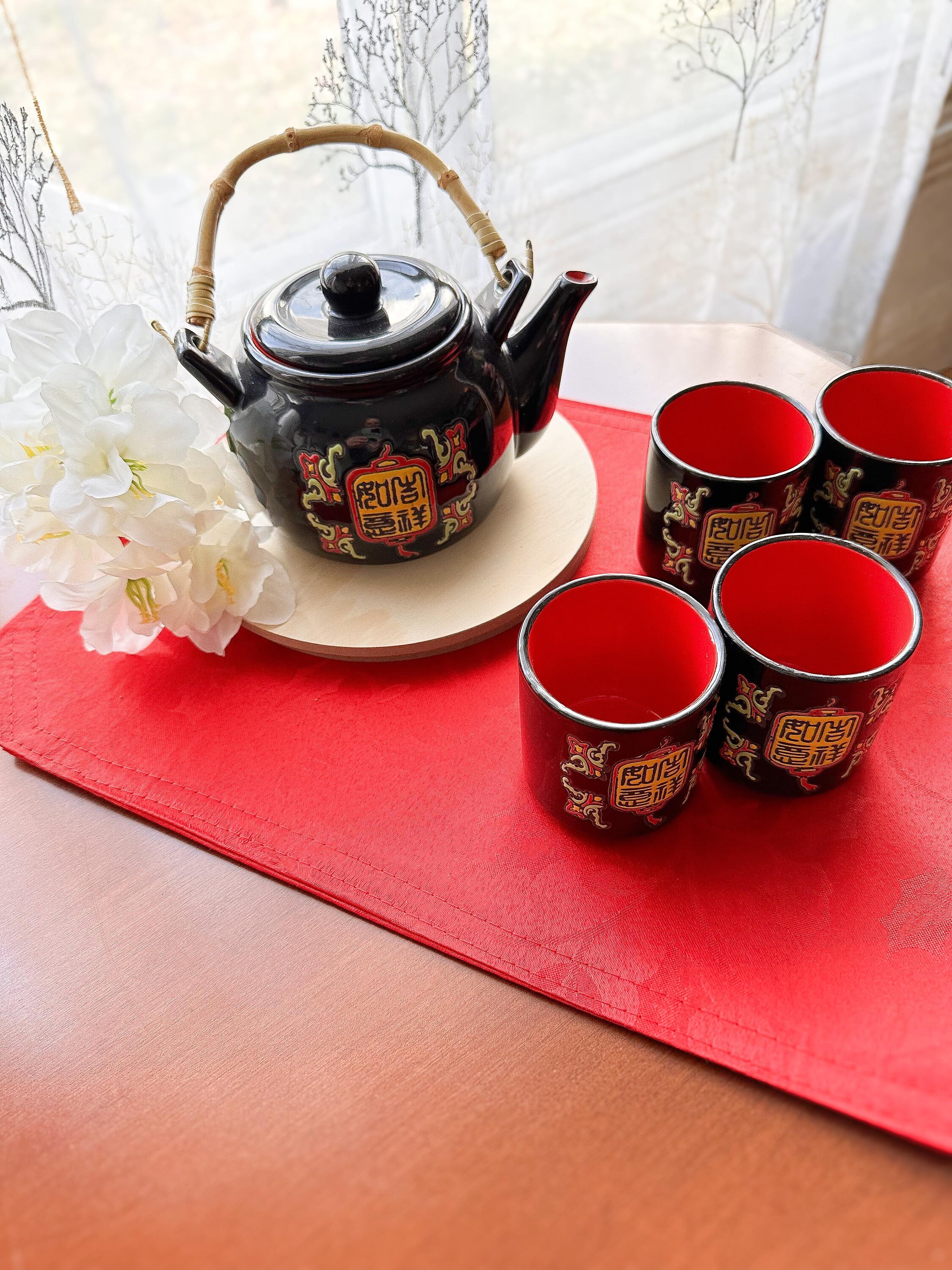 Vintage Japanese Tea Set Teapot & 4 Mugs Bamboo Handle, Shiny Black