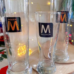 Set of 3 Vintage Molson Beer Glasses - Modern BlackGoldWheat Labeling - Iconic John Molson Collectibles with Chunky Base Pint Design
